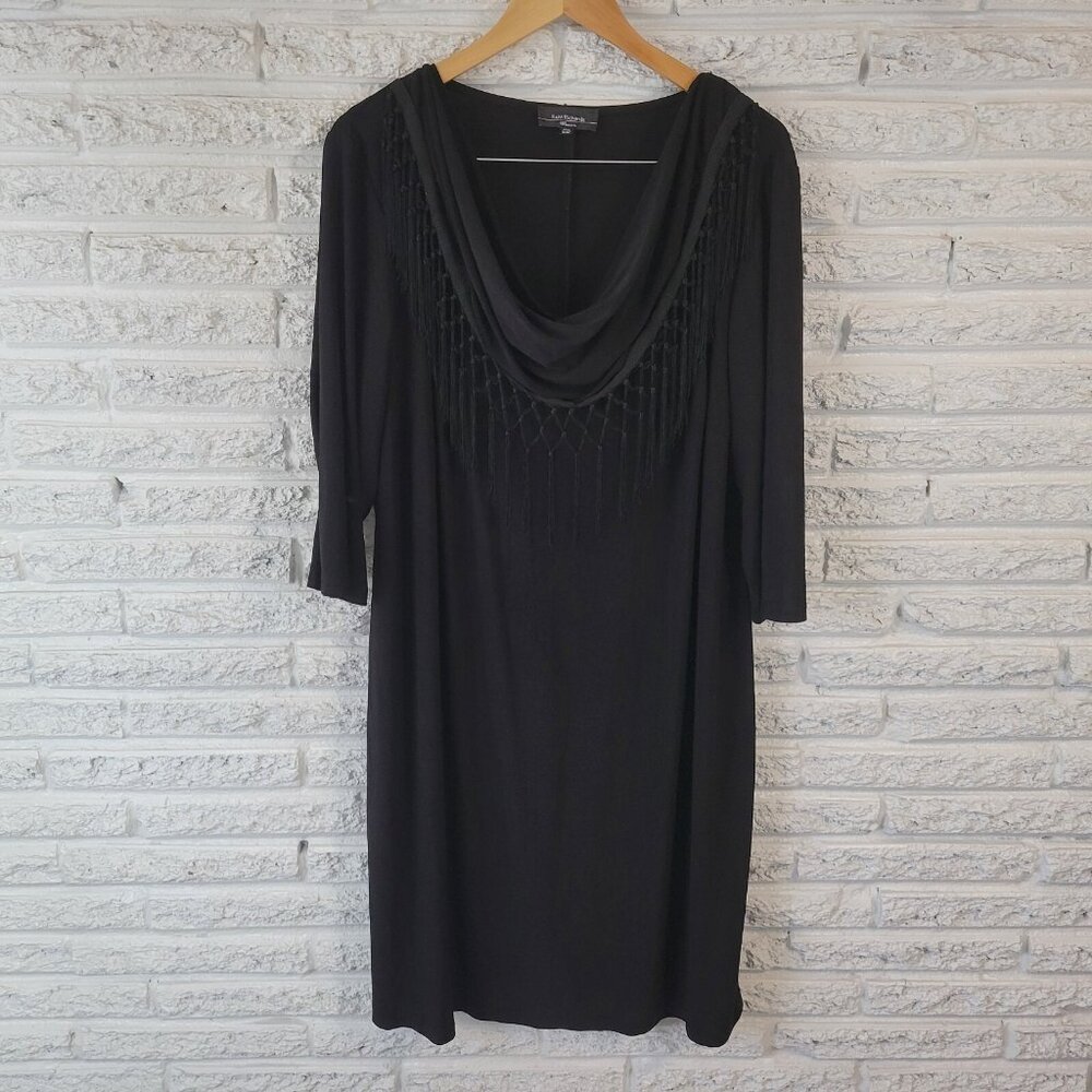 R&M Richards Womens 18W Plus Dress Black Cowl Neck 3/4 Sleeve Fringe Trim BLA96E